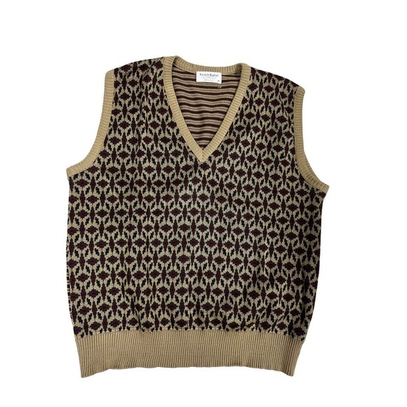 80s VTG Tricots St.Raphael Mens Sz M Cotton Vest Tan Maroon Green Stripe Diamond - Picture 1 of 5